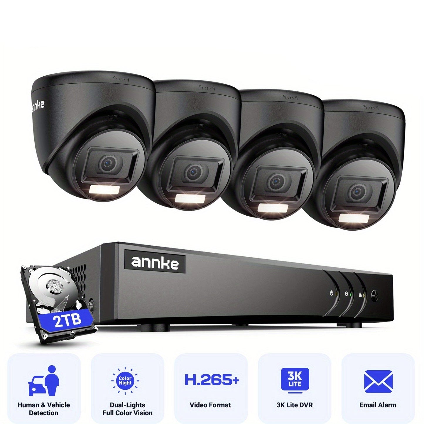 Beveiligingscamera Set – CCTV Camerabewaking – Bewakingscamera – Draadloze Beveiligingscamera – Beveiligingssysteem – 4x 1080P Camera’s – 2TB HDD – AI Mens- en Voertuigdetectie