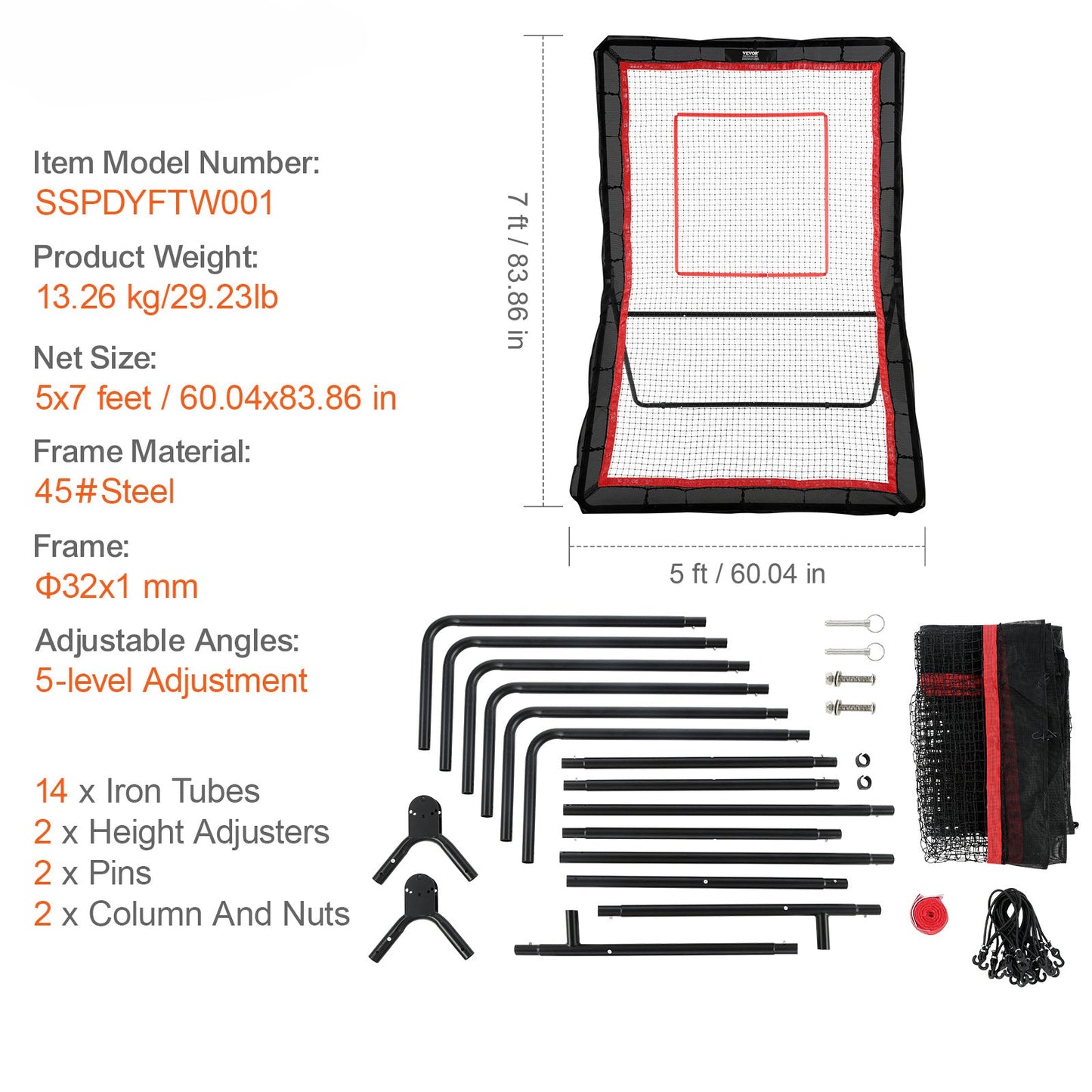Lacrosse Rebounder – Bounce Back Net – Trainingsscherm – Pitchback Net – Werpscherm – Verstelbare Hoek – Stevig Stalen Frame – 1524 x 2134 mm