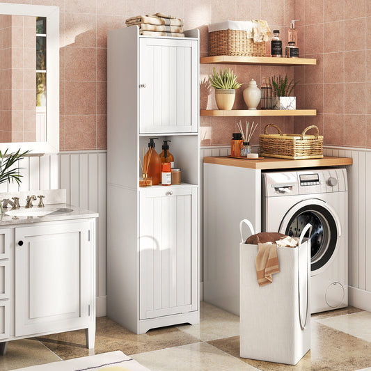 Badkamerkast – Badkamermeubel – Smalle Kast – Opbergrek – Wasmand – Wit – 48L Afneembare Waszak – Ruimtebesparend Hoog Design