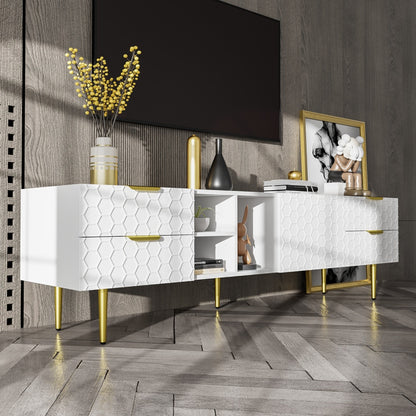 Tv-meubel – Tv-kast – Media Meubel – Entertainment unit – Woonkamermöbel – Wit met Gouden Accenten – Duurzaam Niet-houten Materiaal – Laag Profiel met Veel Opbergruimte