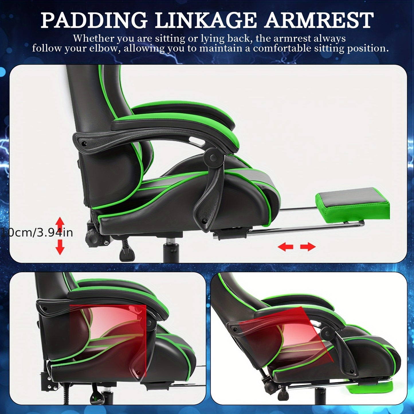 Gamingstoel – Gaming Chair – Bureau Stoel – Game Stoel – Computerstoel – Ergonomisch Design – Massagefunctie en Verstelbare Voetensteun – Metalen Frame Kunstleer – Groen Zwart