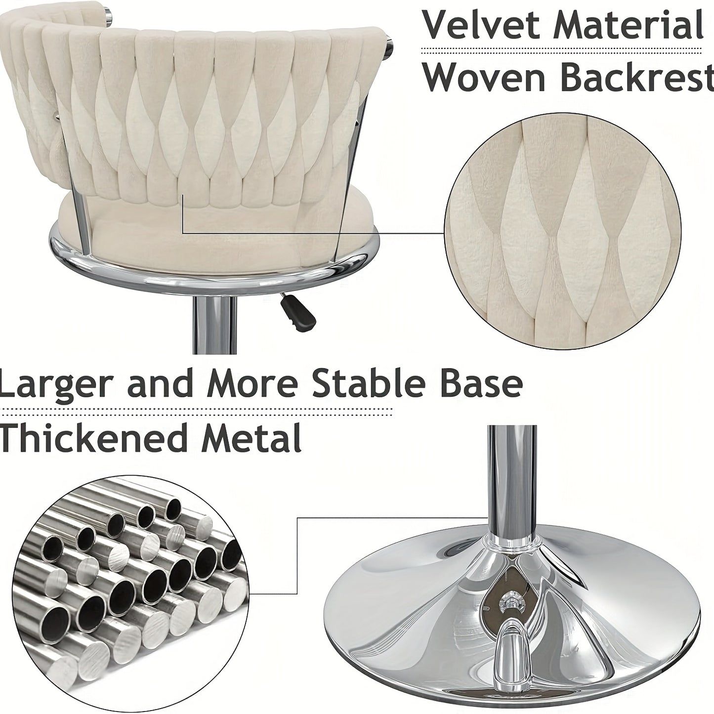 Set van 2 Barstoelen met Gevlochten Rugleuning – Velvet Keukenkrukken, Hoog, Verstelbaar en Draaibaar – Zilverkleurige Barkrukken voor Keuken of Bar