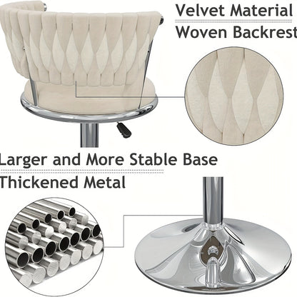 Set van 2 Barstoelen met Gevlochten Rugleuning – Velvet Keukenkrukken, Hoog, Verstelbaar en Draaibaar – Zilverkleurige Barkrukken voor Keuken of Bar