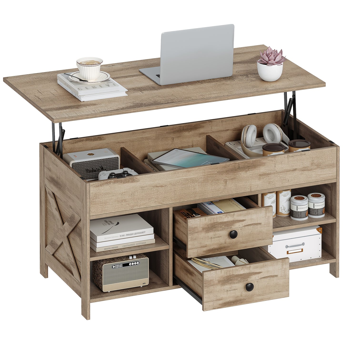 Verstelbare Salontafel – Koffietafel – Woonkamertafel – Zeteltafel – Bijzettafel – 2 Laden & Verborgen Opbergruimte – 50x100x47,3-61,3 cm – Hoogwaardige Houtmaterialen & Modern Design