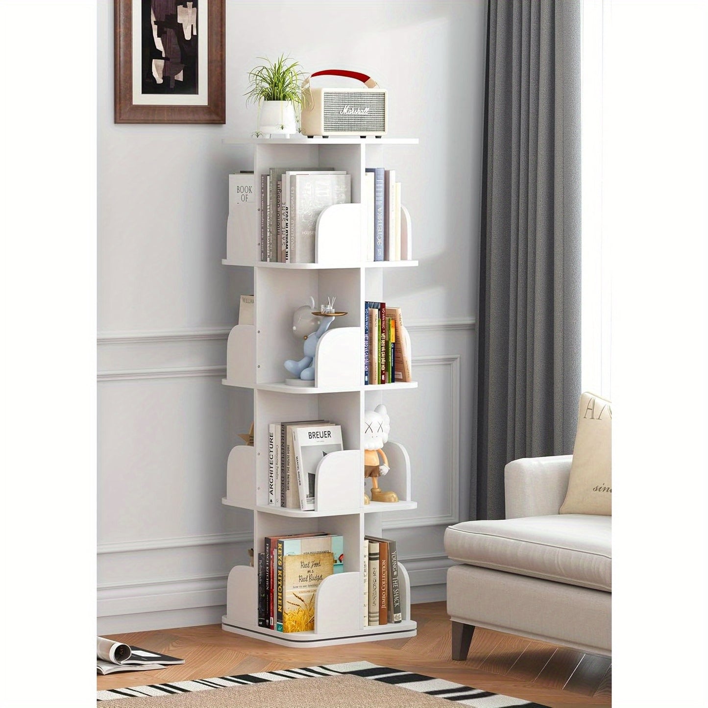 Boekenrek – Boekenkast – Boekenplank – Wandrek – Hoekboekenkast – Draaibaar 360° – 4 Planken – Wit 40x40x128,5 cm