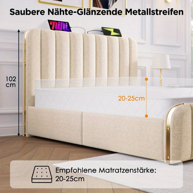 Upholstery Tweepersoonsbed – Bedframe – Slaapbank – Opbergbed – Hydraulisch Bed – 160x200 cm – Beige Linnen – Gouden Rand Hoofdeinde