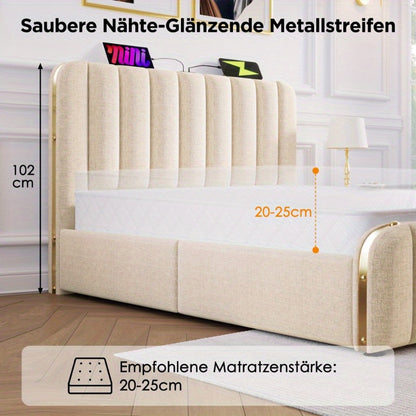 Upholstery Tweepersoonsbed – Bedframe – Slaapbank – Opbergbed – Hydraulisch Bed – 160x200 cm – Beige Linnen – Gouden Rand Hoofdeinde