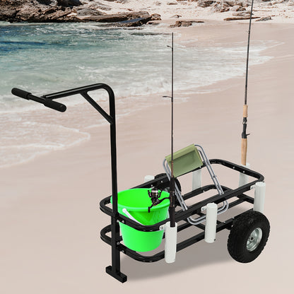 Vistuigwagen – Viswagen – Outdoor Kar – Viskar – Campingkar – Zwarte uitvoering – Hoogwaardig Koolstofstaal – Dubbele Rubber Wielen – 7 Hengelhouders – Antislip Handvat – Verstelbare Voorpoot voor Stabiliteit