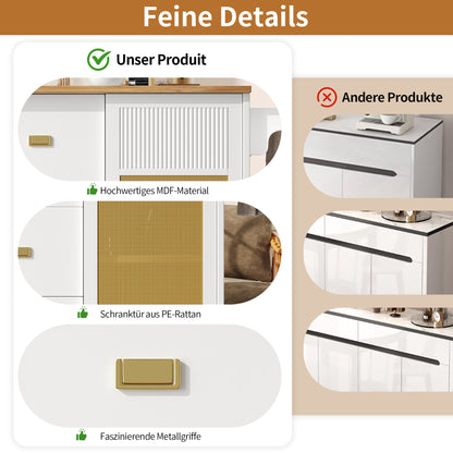 Keukenkar – Keukenwagen – Keukentrolley – Keukenmeubel – Keukenbuffet – Uitklapbaar Werkblad – Rattan Deuren Wit 146,85×42/70×90 cm