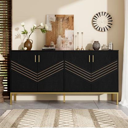 Dressoir – Sideboard – Buffetkast – Opbergkast – Kast – Modern Zwart & Goud – MDF Metalen Poten – 4 Deuren Met Verstelbare Legplanken