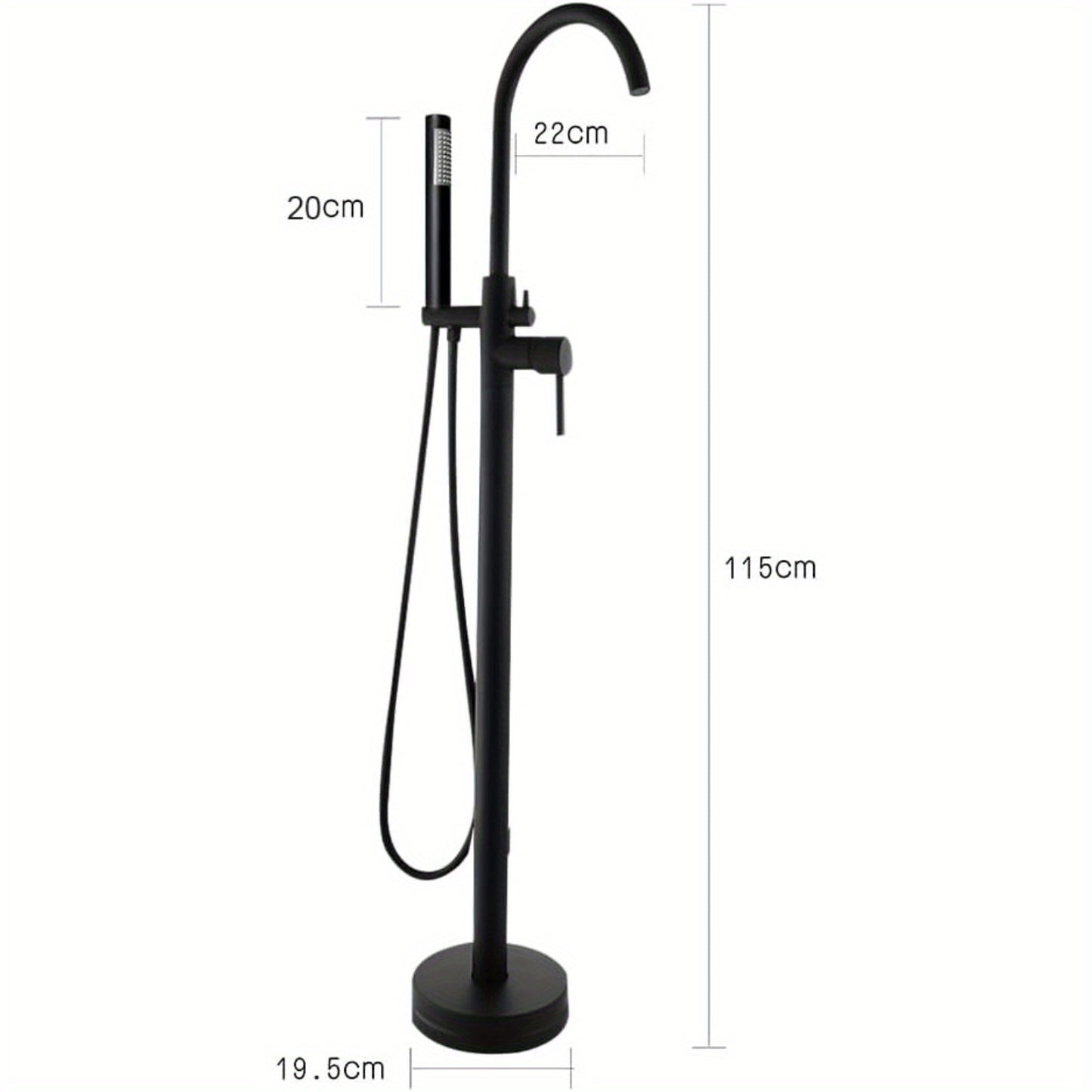Badkraan – Badmengkraan – Badthermostaat – Mengkraan – Handdouche – Vrijstaand – Zwart – Messing – Vloermontage – Hoogte 115 cm – Watervaluitloop 22 cm