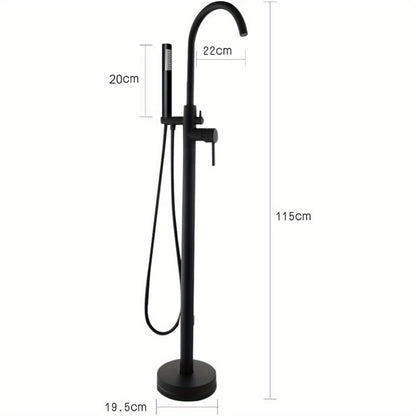 Badkraan – Badmengkraan – Badthermostaat – Mengkraan – Handdouche – Vrijstaand – Zwart – Messing – Vloermontage – Hoogte 115 cm – Watervaluitloop 22 cm
