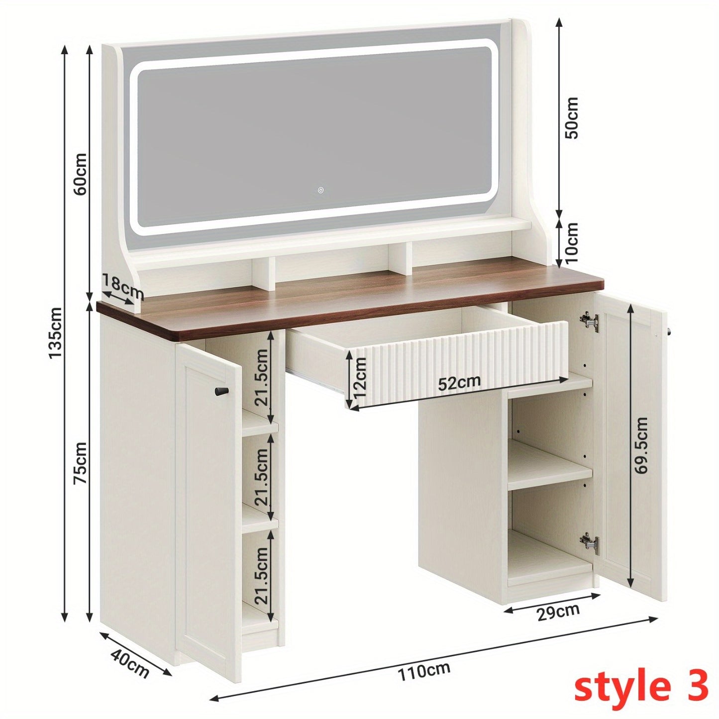 Make-uptafel – Kaptafel – Schminktisch – Make-up Bureau – Opbergmeubel – Beige & Bruin – Ruime 3,2 kubieke voet opbergruimte – Hoogwaardig hardhout en glas