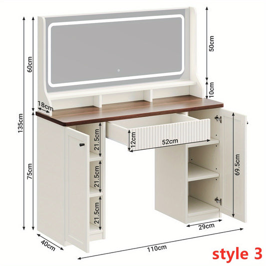Make-uptafel – Kaptafel – Schminktisch – Make-up Bureau – Opbergmeubel – Beige & Bruin – Ruime 3,2 kubieke voet opbergruimte – Hoogwaardig hardhout en glas