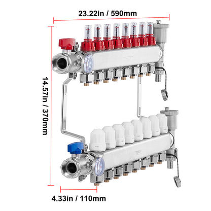 Vloerverwarmingsverdeler – Warmtemanifold – Vloerverwarmingsgroepverdeler – Hydraulische Verdeler – Radiatorverdeler – Roestvrij Staal 304 – 8 Groepen Met Debietmeters