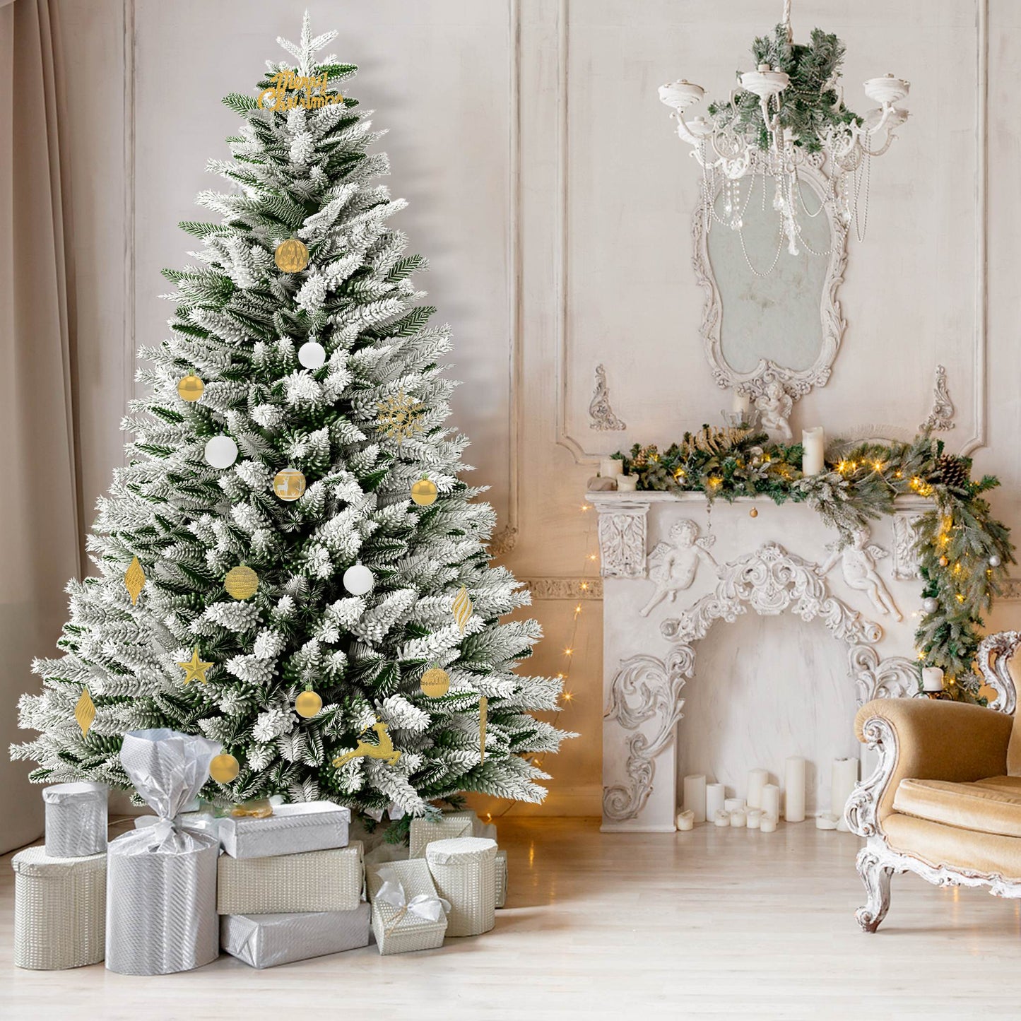 Kunstkerstboom – Kunstkerstboom Met Verlichting – Kunstboom – Kerstboom – Kerstdecoratie – 225 cm Hoog – Sneeuweffect Met Warm Witte LED’s – PE en PVC Takken