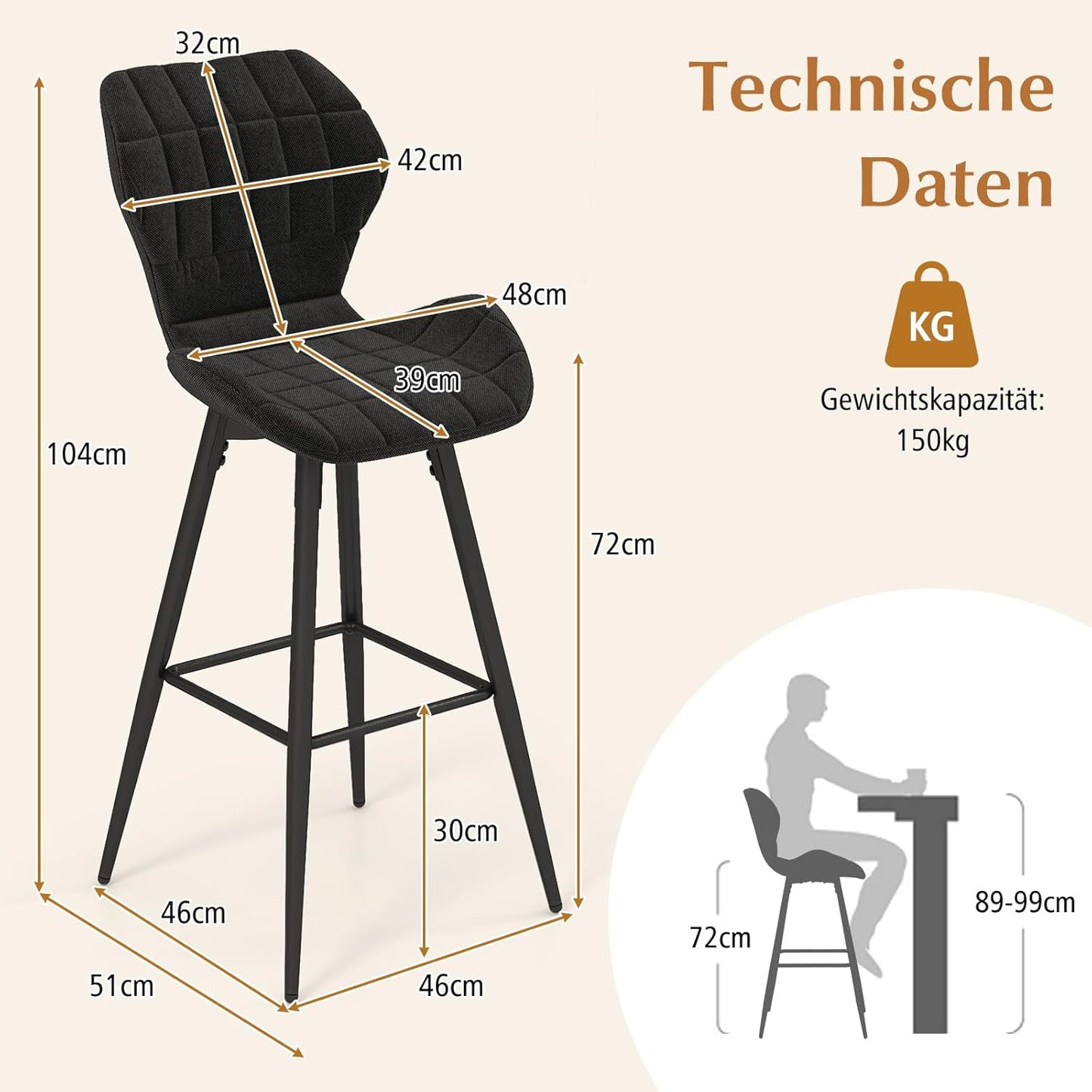 Barkrukken – Barstoelen – Keukenkrukken – Hoge Stoelen – Zitkrukken – Ergonomisch Foam Kussen – Verstelbare Voetjes