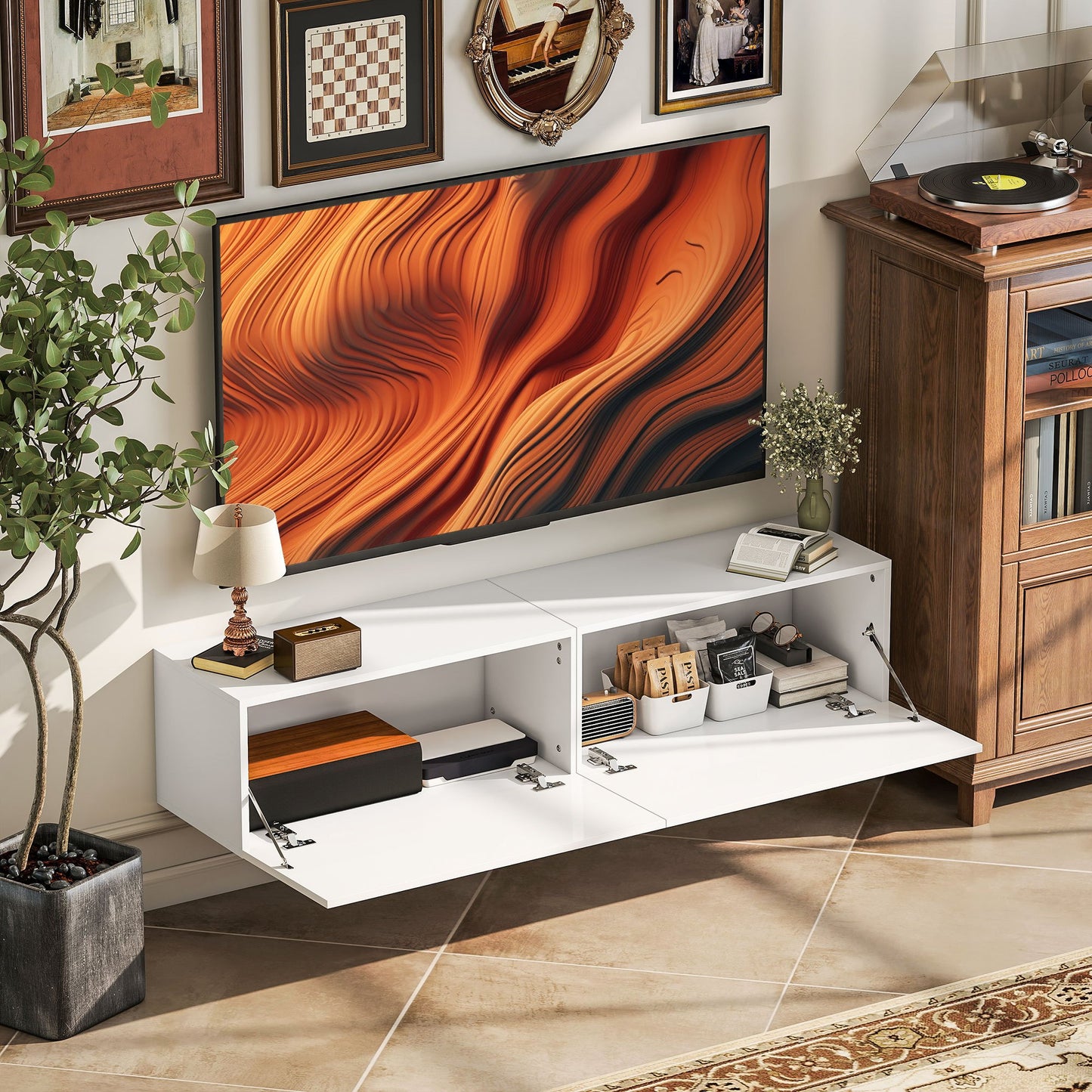 Tv-kast – Tv-meubel – TV-standaard – Mediameubel – Wit – Geschikt voor 75 inch – 3 Open Vakken en 3 Lades – Spaanplaat