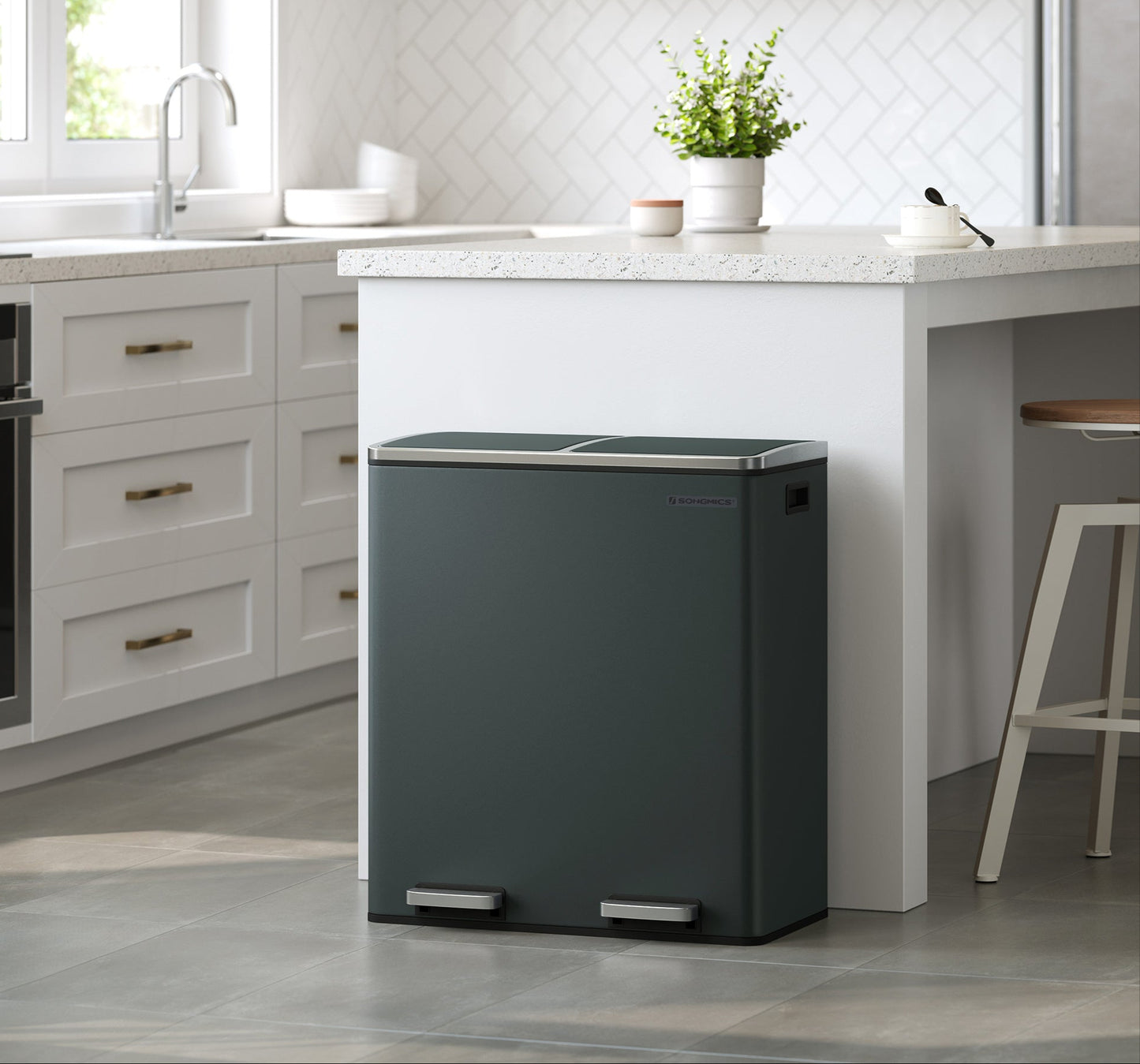 Prullenbak – Afvalemmer – Pedaalemmer – Afvalscheidingsbak – Vuilnisbak – 2 x 30 Liter – Met Metalen Pedaal en Soft Close Deksel – Handige Binnenemmers - 58.6 x 32 x 65 cm - Groenachtig Grijs