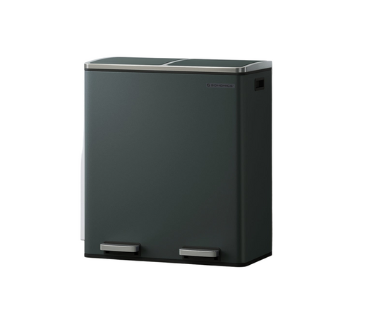 Prullenbak – Afvalemmer – Pedaalemmer – Afvalscheidingsbak – Vuilnisbak – 2 x 30 Liter – Met Metalen Pedaal en Soft Close Deksel – Handige Binnenemmers - 58.6 x 32 x 65 cm - Groenachtig Grijs