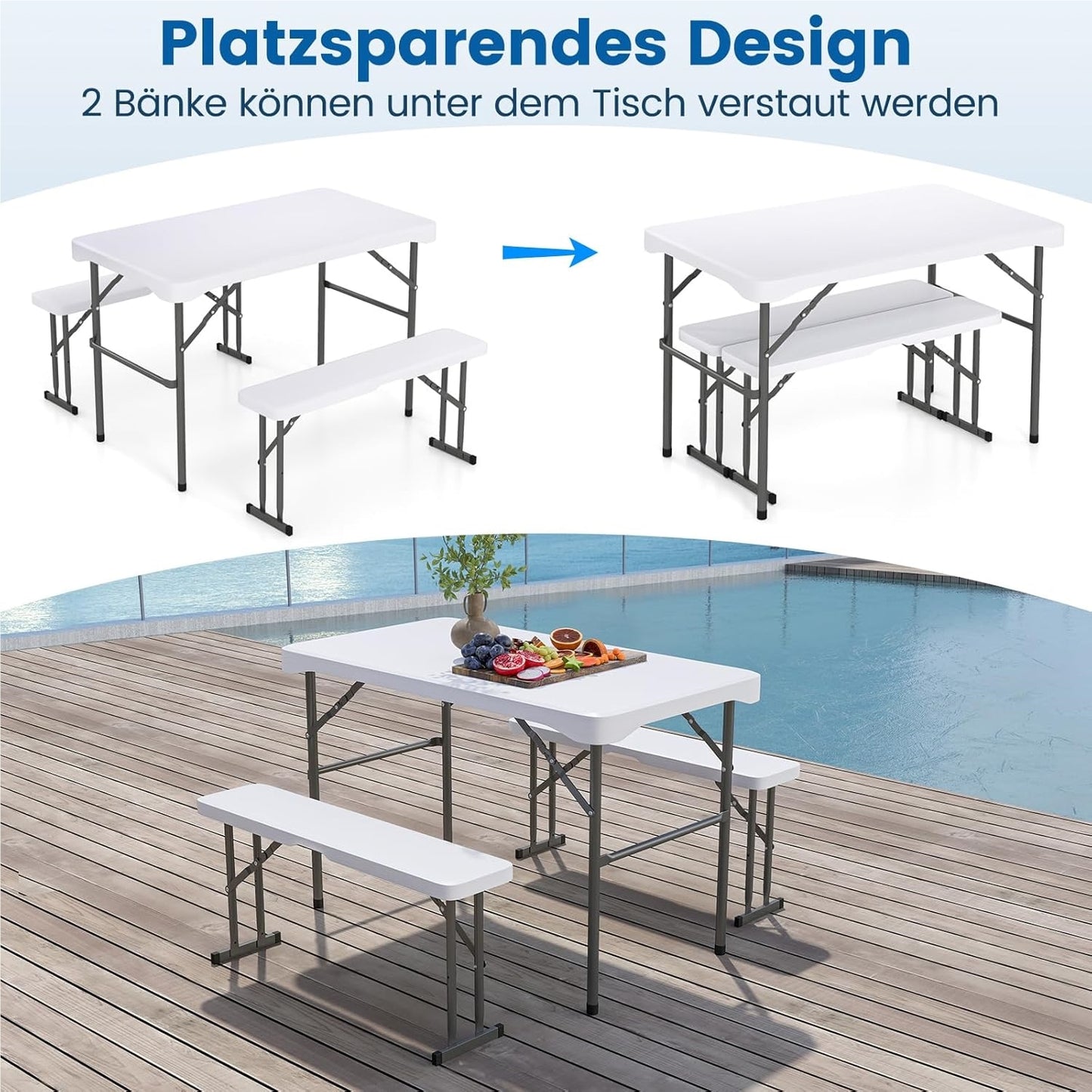 Inklapbare Biertafelset – Biertafel – Bierbank – Picknicktafel – Tenttafel – Compact – Weerbestendig HDPE – 108 cm – Met 2 Banken