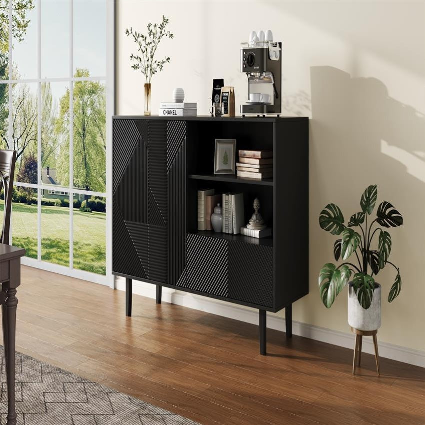 Dressoir – Opbergkast – Buffettafel – TV-meubel – Kast – Mat Zwart – Geometrisch Reliëf – 125x40x86 cm – Stevige Spaanplaat</s>
