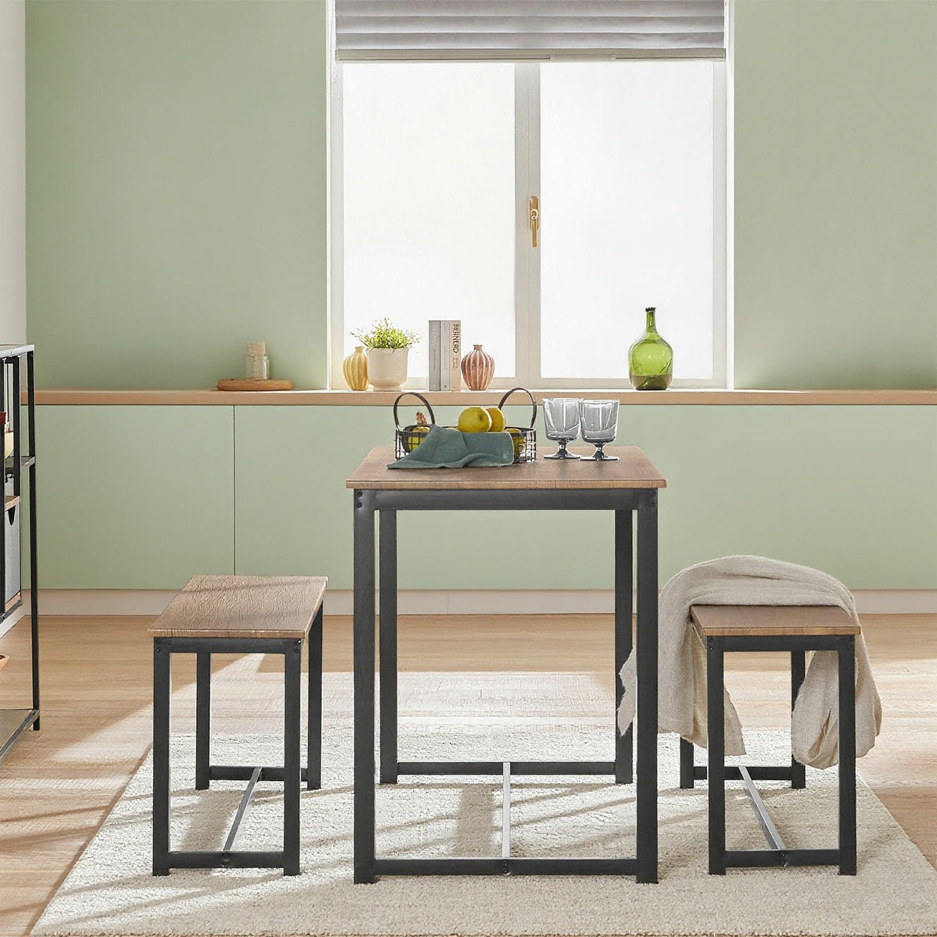 Eettafelset – Eetkamerset – Keukentafelset – Zitgroep – Banken – Modern Design – MDF Tafelblad Met PVC Afwerking – Metalen Epoxy Onderstel – Compact 110x58 cm