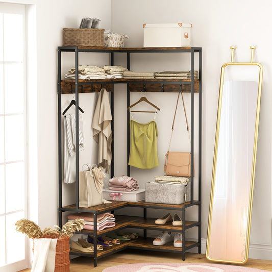 Hoekgarderobekast – Hoekkast – Kledingrek – Garderoberek – Jassenrek – L-vormig Design – Met 7 Metalen Haken – Stevig Metalen Frame – Zitbank Schoenen Organizer – Rustiek Bruin Zwart