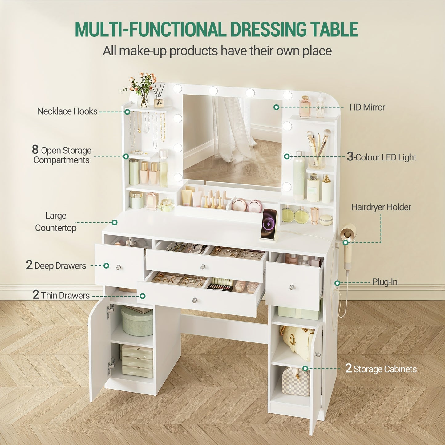 Dressing Table With LED Lighting, With Plug And Hairdryer Holder, Large Tabletop 108 Cm, Dressing Table With 2 Large Drawers With Jewelry Tray, 2 Cabinets, 40 X 108 X 144 Cm, White