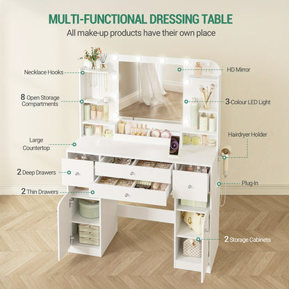 Kaptafel – Make-uptafel – Schminktisch – Toilettafel – Toilletafel – LED-Verlichting Met 3 Lichtstanden – Groot Oppervlak 108 cm Wit