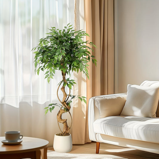 Kunstplant Ficus – Kunstboom – Nepplant – Nepboom – Kamerplant – Realistisch Zijde Bladeren – Hoogte 150 cm met Witte Pot