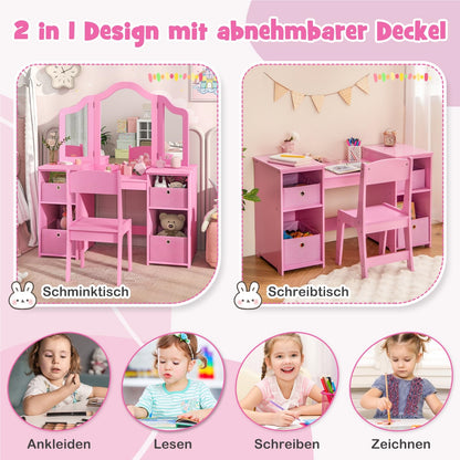 Kinder Make-up Tafel – Schminktafel – Speeltafel – Vanity – Kaptafel – 2-in-1 Met Verwijderbare Spiegel – Inclusief Opslagboxen – Roze