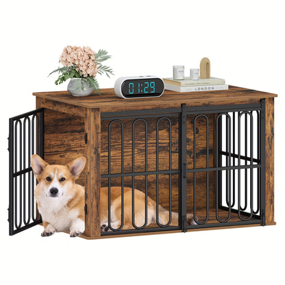 Wooden Dog Cage Furniture, 100cm Household Pet Crate, Double-Door Design with Sliding Door for Small to Medium-Sized Breeds, Includes Sturdy Side Table - 60 × 100× 62.4cm in White and Brown, Extra Large Dog Crate Furniture, - QUORE