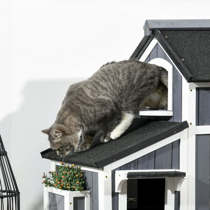 Buitenhuis Kat – Katzenhuis – Kattenhok – Kattenverblijf – Kattenhuisje – Grijs – Waterbestendig Grenenhout – Asphalt Dak met Verhoogde Vloer