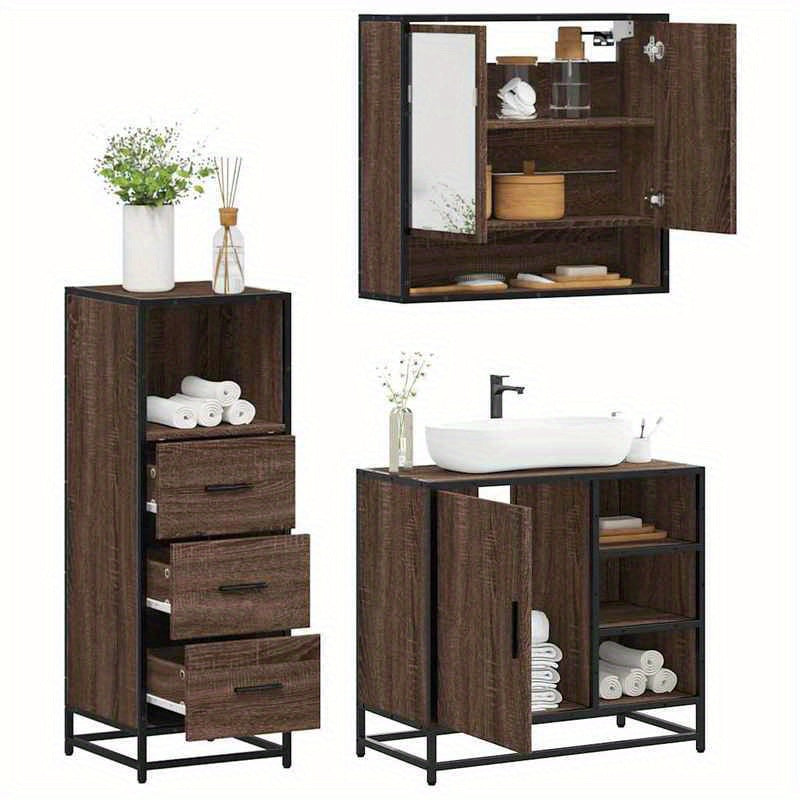 Badkamermeubelset – Badkamerkast – Wastafelonderkast – Spiegelkast – Opbergmeubel – Bruin Eikenlook – 3-Delige Set – Hoogwaardige Materialen