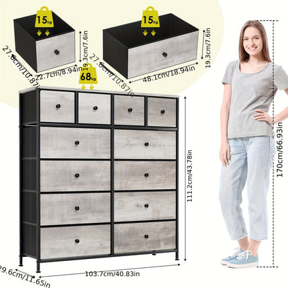Sideboard – Dressoir – Opbergkast – Kast Met Lades – Meubel Met Stofladen – Grijs – 12 Ruime Stoffen Lades – Stevig Ijzeren Frame