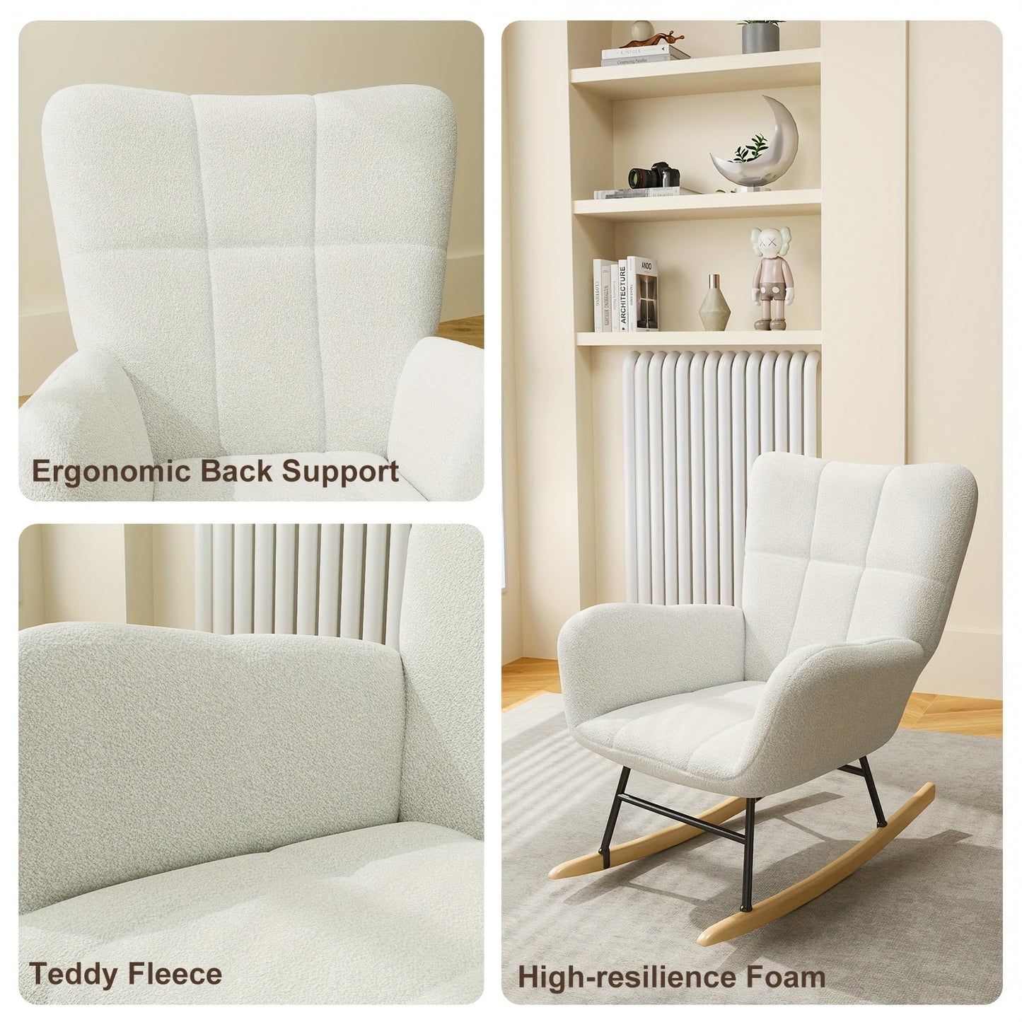Schommelstoel – Relaxstoel – Fauteuil – Voedingsstoel – Loungestoel – Hoge Rugleuning – Teddy Fleece Bekleding – Memory Foam Zitting – Massief Houten Poten – Handmatig Schommelmechanisme – Wit