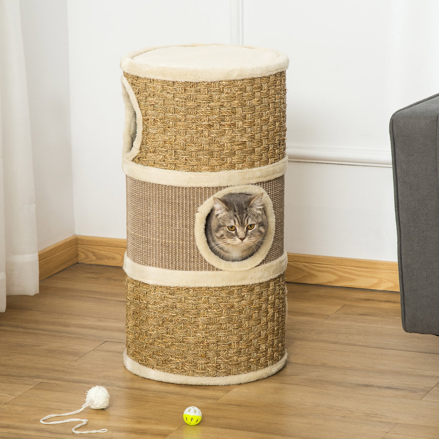 Krabton Kat – Krabpaal Kattenboom – Kattenmeubel Krabpaal – Kattenhuis Klimeiland – Kraboppervlak Sisal – Twee Verdiepingen – Zacht Pluche – Compact 70x37,5x37,5 cm – Khaki Bruin