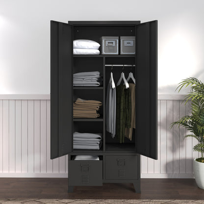 Stalen Kledingkast – Garderobekast – Kledingkast Met Laden – Opbergkast – Industrieel – 180x90x40 cm – 2 Laden – Ventilatiesleuven