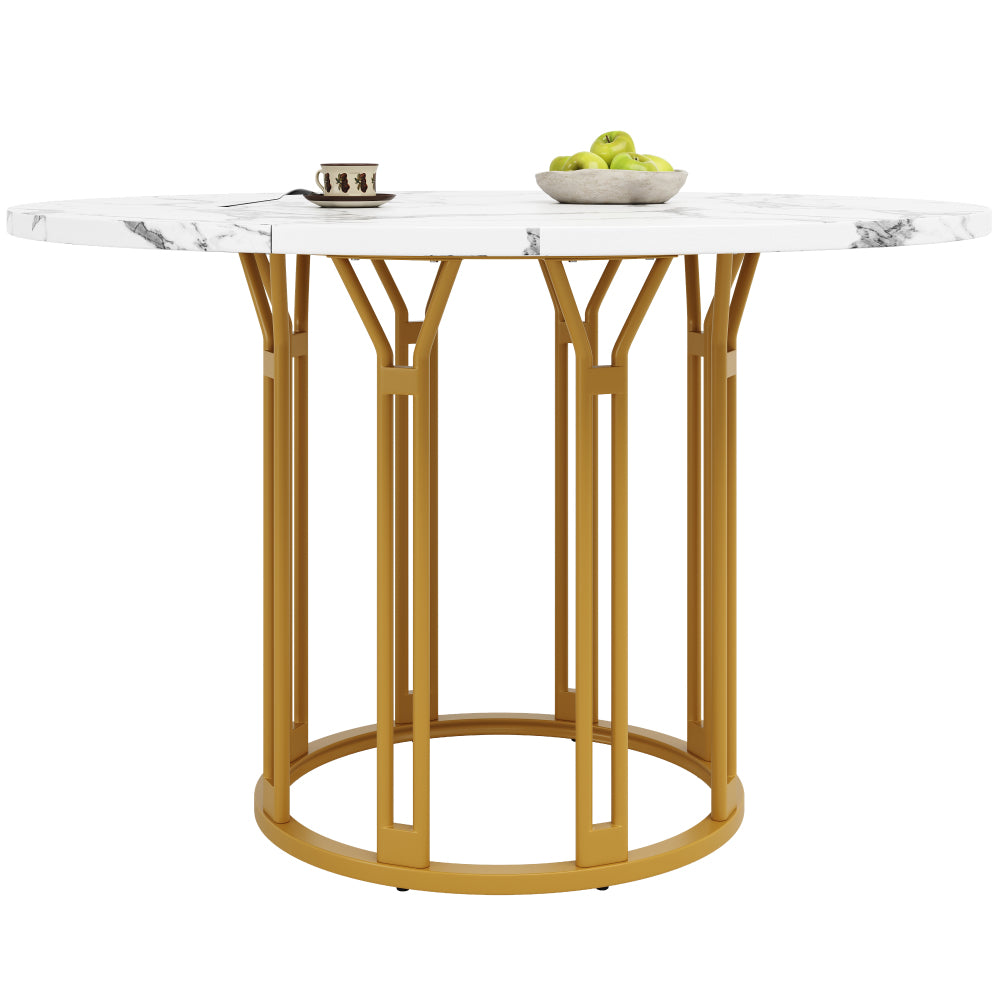 Ronde Eettafel – Eetkamertafel – Ontbijttafel – Keukentafel – Tafel Rond – Marmerlook Wit Goud – Stevige Metalen Poot – Gebruiksklaar Zonder Montage