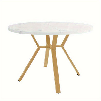 Eettafel – Dinertafel – Keukentafel – Ronde Tafel – Tafeltje – 1 Meter Diameter – Wit-Grijs Marmeren Blad – Stevige Metalen Poten