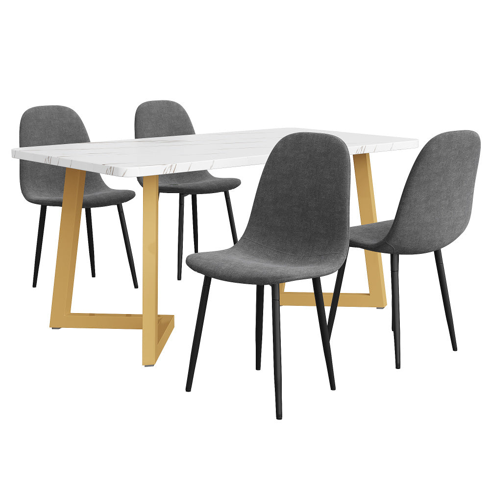 Eettafelset 5-delig – Eetkamerset – Dinerset – Tafel met Stoelen – Witte Tafel Met Gouden Metalen Poten – Grijze Linnen Bekleding – Stevig & Duurzaam – Modern Elegant Design
