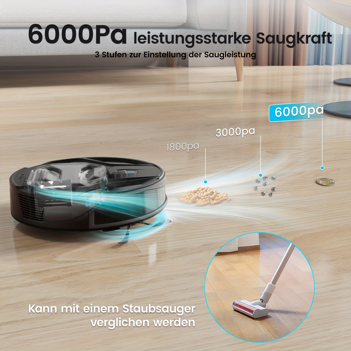 Robotstofzuiger – Dweilrobot – Stofzuigrobot – Schoonmaakrobot – Zuigrobot – 6000 Pa Zuigkracht – 800 ml Stofbak met App en WLAN