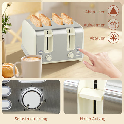 Waterkoker en Broodrooster Set – Waterkoker, Toaster, Ontbijtset, Broodrooster 4 Sleuven – Cream Variant – 1,7 Liter Capaciteit – 7 Bruiningniveaus en Kalkfilter