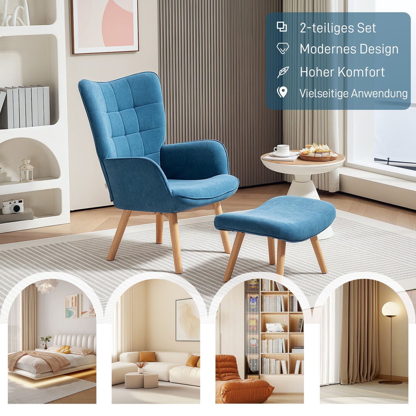 Fauteuil – Relaxstoel – Accentstoel – Armstoel – Clubstoel – Blauw – Met Voetenbank – Zachte Corduroy Stof – Stevige Houten Poot