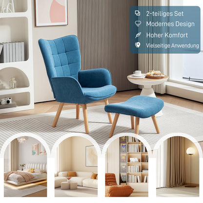 Fauteuil – Relaxstoel – Accentstoel – Armstoel – Clubstoel – Blauw – Met Voetenbank – Zachte Corduroy Stof – Stevige Houten Poot