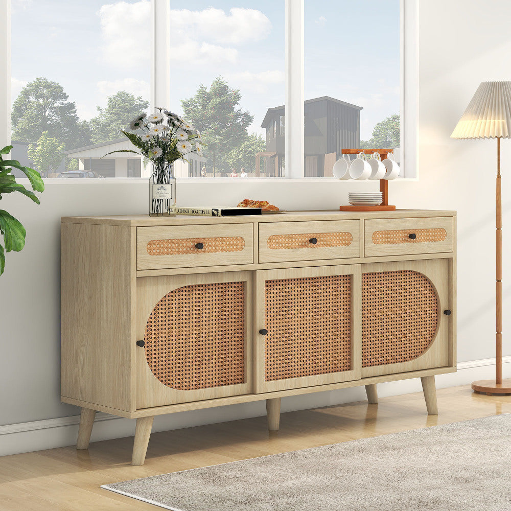 Modern Metal Sideboard Cabinet with Adjustable Shelves & 3 Sliding Doors - Heavy-Duty Freestanding Storage Organizer, 3 Drawers, Sturdy Metal Construction, Space-Saving Design for Living Room, Dining Room, Entryway - Elegant