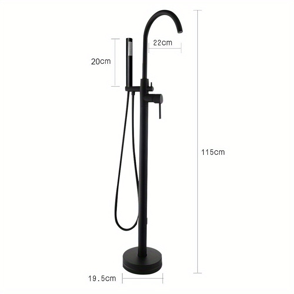 Vrijstaande Badkraan – Badmengkraan – Douchemengkraan – Handdouche – Vloermontage – Zwart – Messing – 115 cm Hoog – 360° Draaibare Uitloop