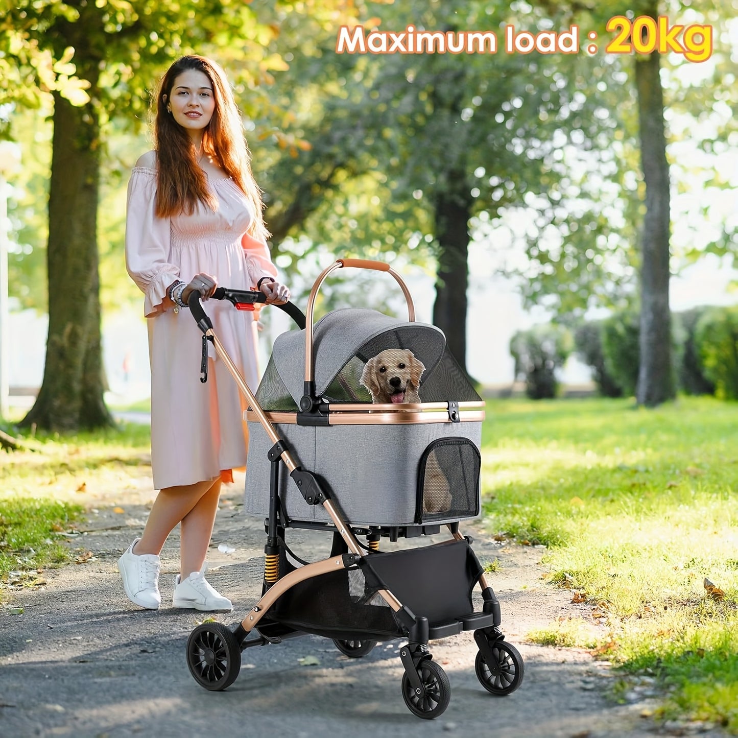 Huisdierwagen – Hondenbuggy – Wandelwagen – Draagmand – Dierenbuggy – Carbonstaal Frame – 3-in-1 Opvouwbaar Silvery Pink