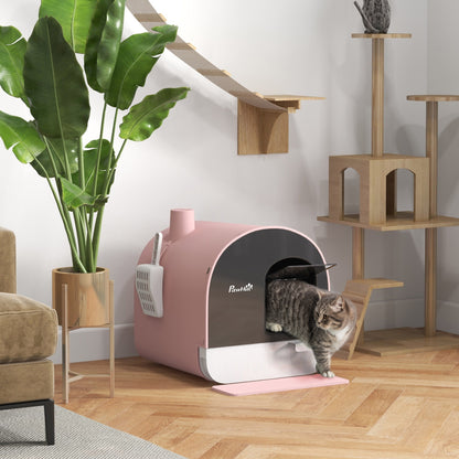Kattentoilet – Kattenbak – Kattentoilet Met Deksel – Kattenbaksysteem – Kattenbak Met Schep – Gesloten Design – Inclusief Kattenbakmat – Duurzaam Kunststof – Roze/Zwart